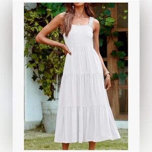 Women's White Tiered Maxi Midi Dress with Pockets and Ruched Straps Size M